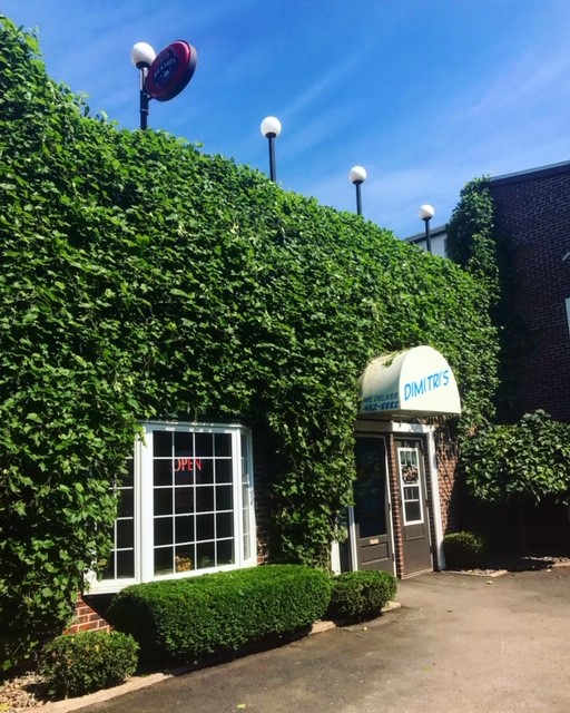 Storefront of Dimitri's Souvlaki Restaurant covered in ivy, showcasing a successful local business in New Brunswick, supported by Essential™ Digital Agency’s local SEO strategies.
