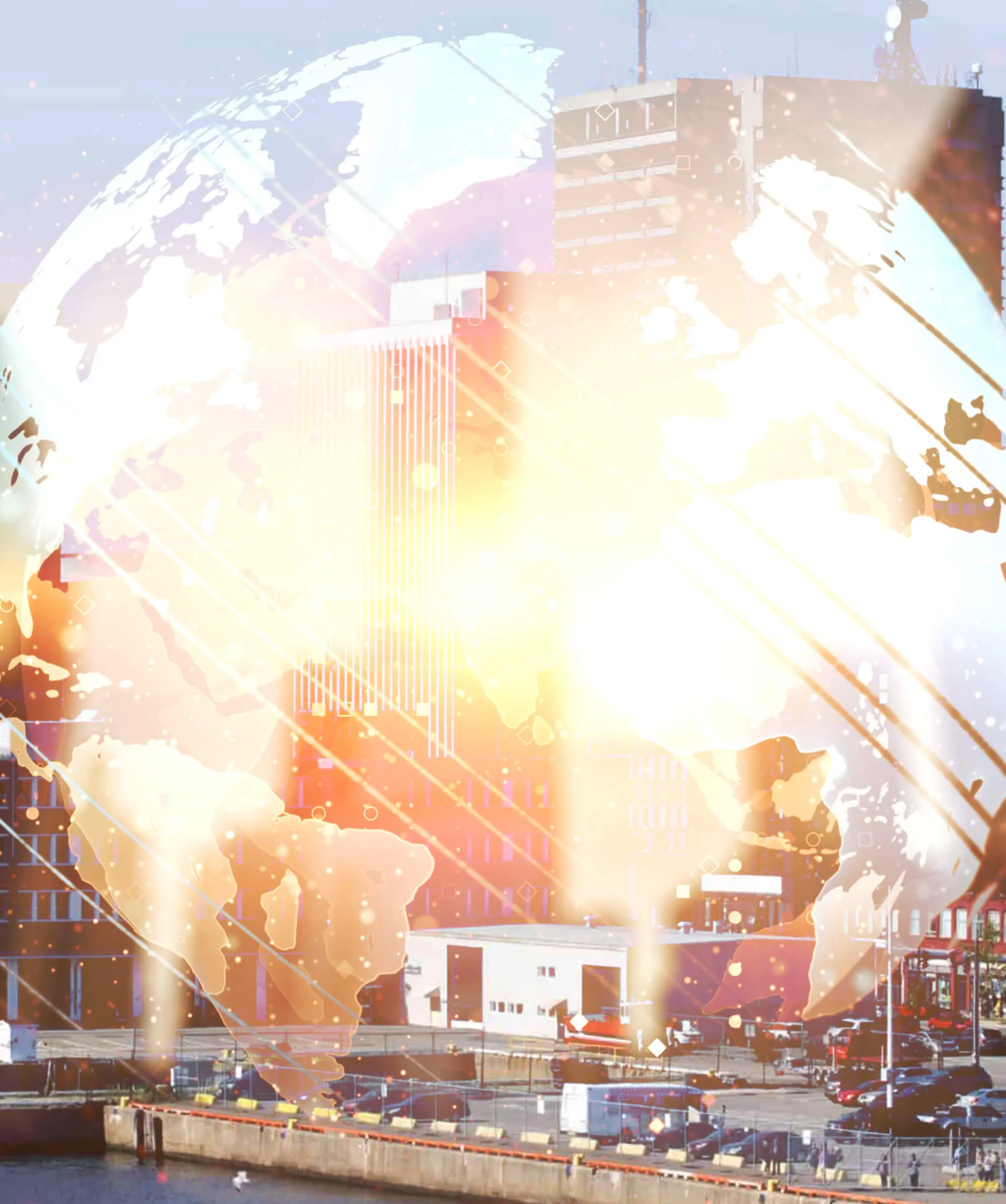 Abstract hologram image of digital globe on blurry cityscape background, digital world concept.